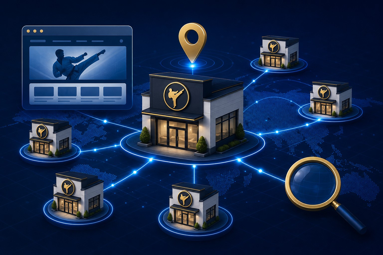 Multi-location martial arts website strategy decision matrix showing interconnected school locations