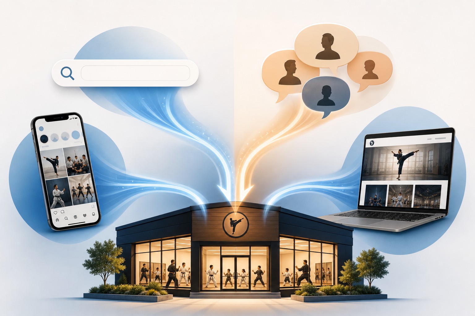 Multiple lead generation channels flowing into a studio illustration