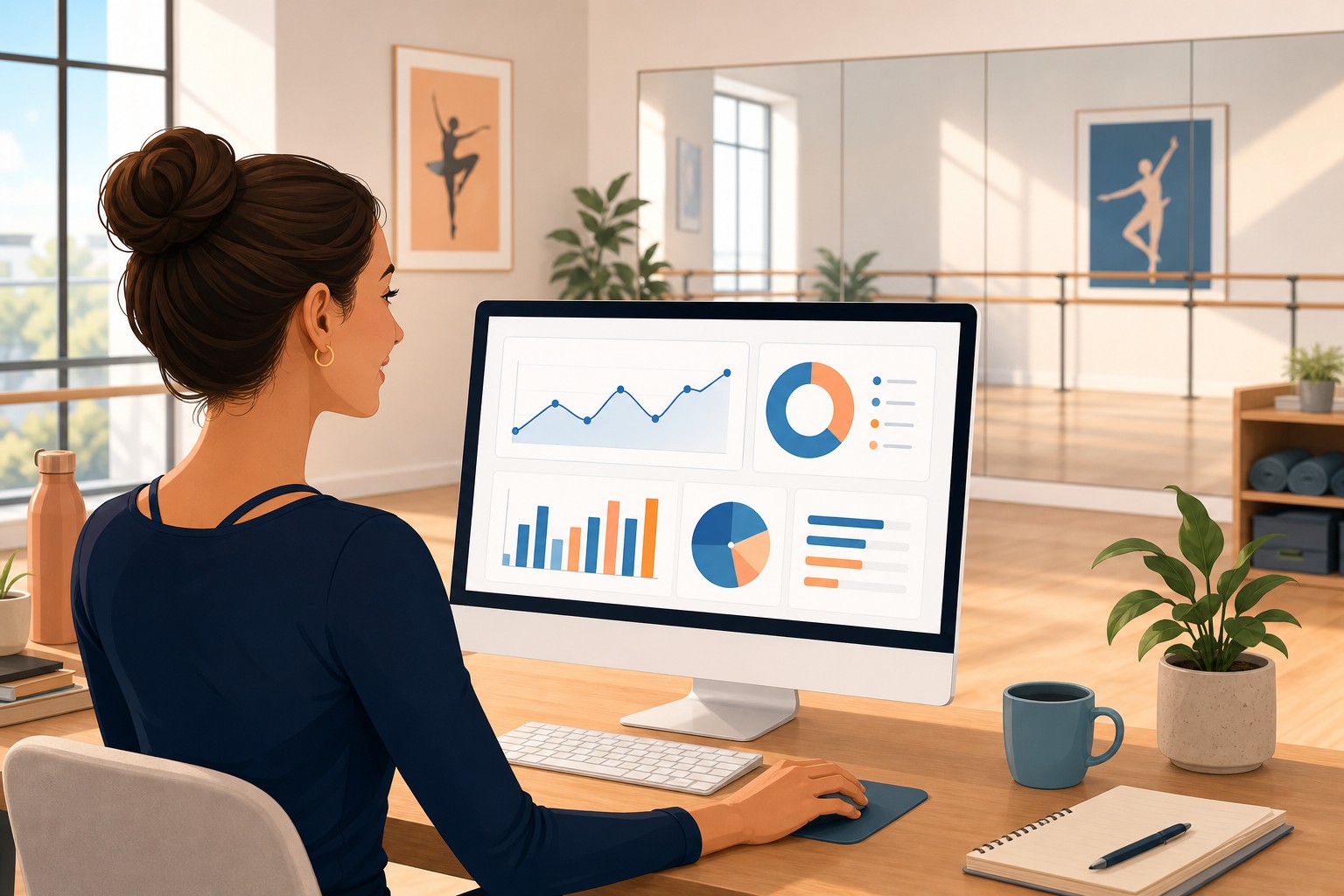 Studio owner reviewing website analytics on a computer screen