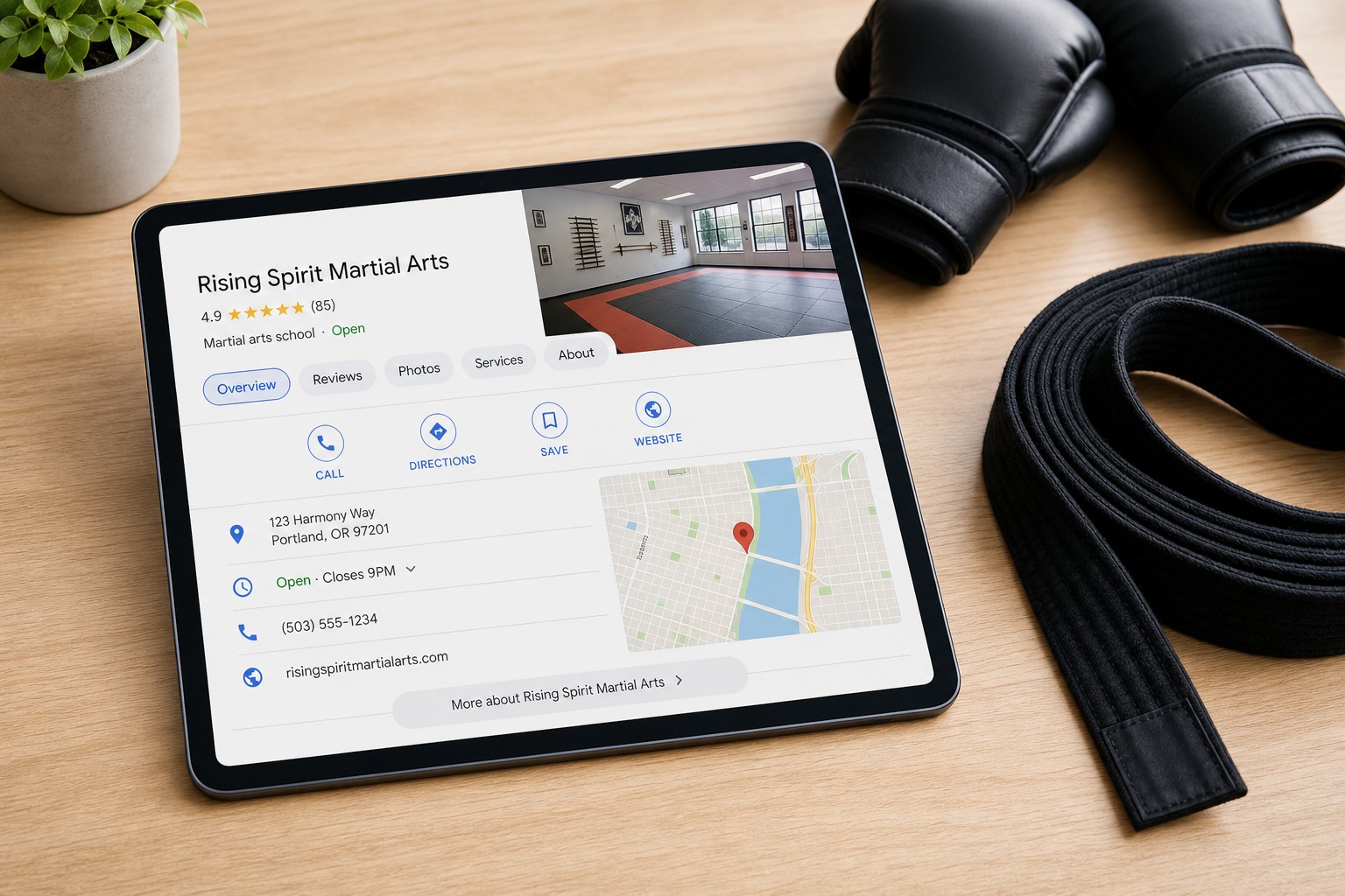 Tablet showing a martial arts studio Google Business Profile listing on a desk with martial arts gear