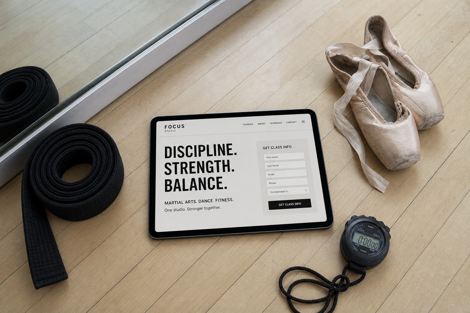 Overhead view of a tablet on a studio floor showing a lead-focused website, with a martial arts belt and ballet shoes