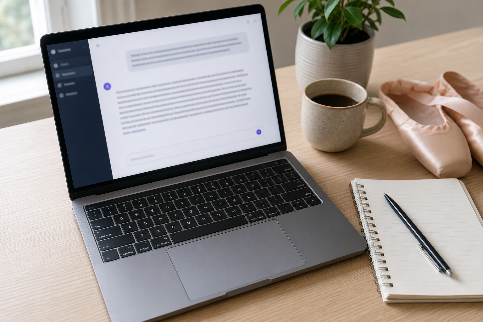 Laptop on a desk with a conversational AI chat open beside a notebook and ballet slippers