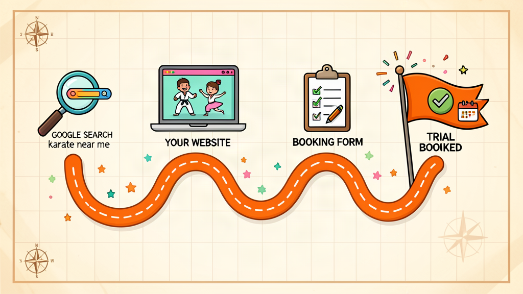 Cartoon roadmap showing the journey from Google search to website to booking form to trial booked