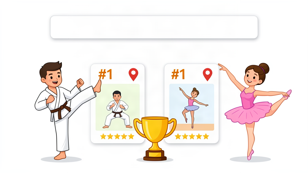 Cartoon illustration of a martial artist and a ballerina beside Google search result cards labeled #1, representing local SEO ranking for martial arts and dance studios
